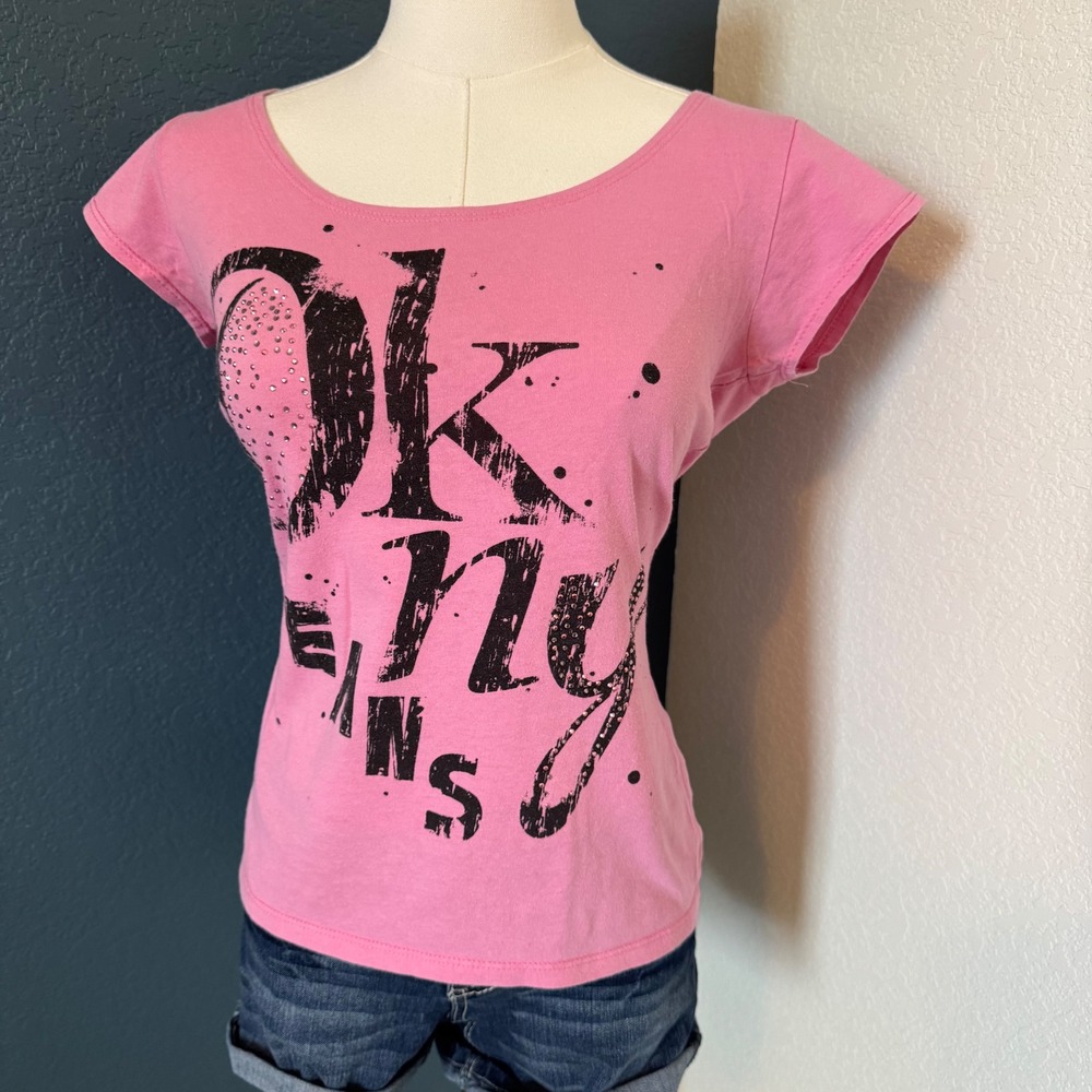 Y2K McBling Grunge DKNY Jeans Rhinestone Graphic Baby Tee Large Pink